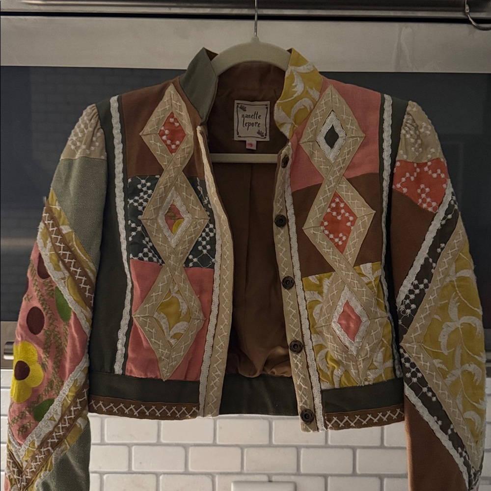 Nanette Lepore Embroidered Patchwork Cropped Jacket Boho Size 2 XS/S - Picture 3 of 6